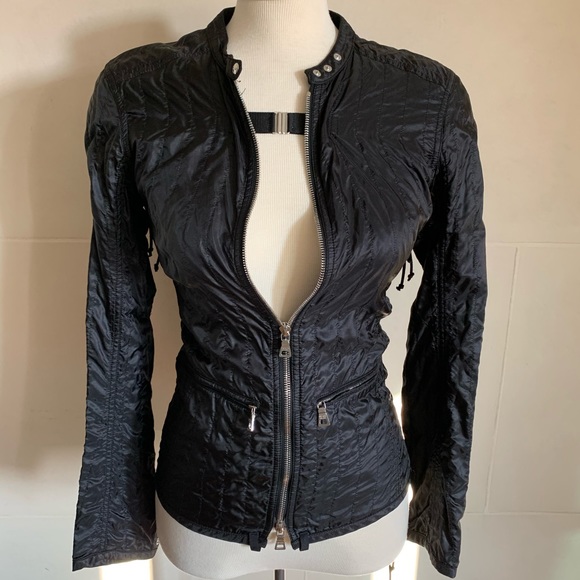 Black Prada zip up jacket top moto ruched size 42 - Picture 2 of 8